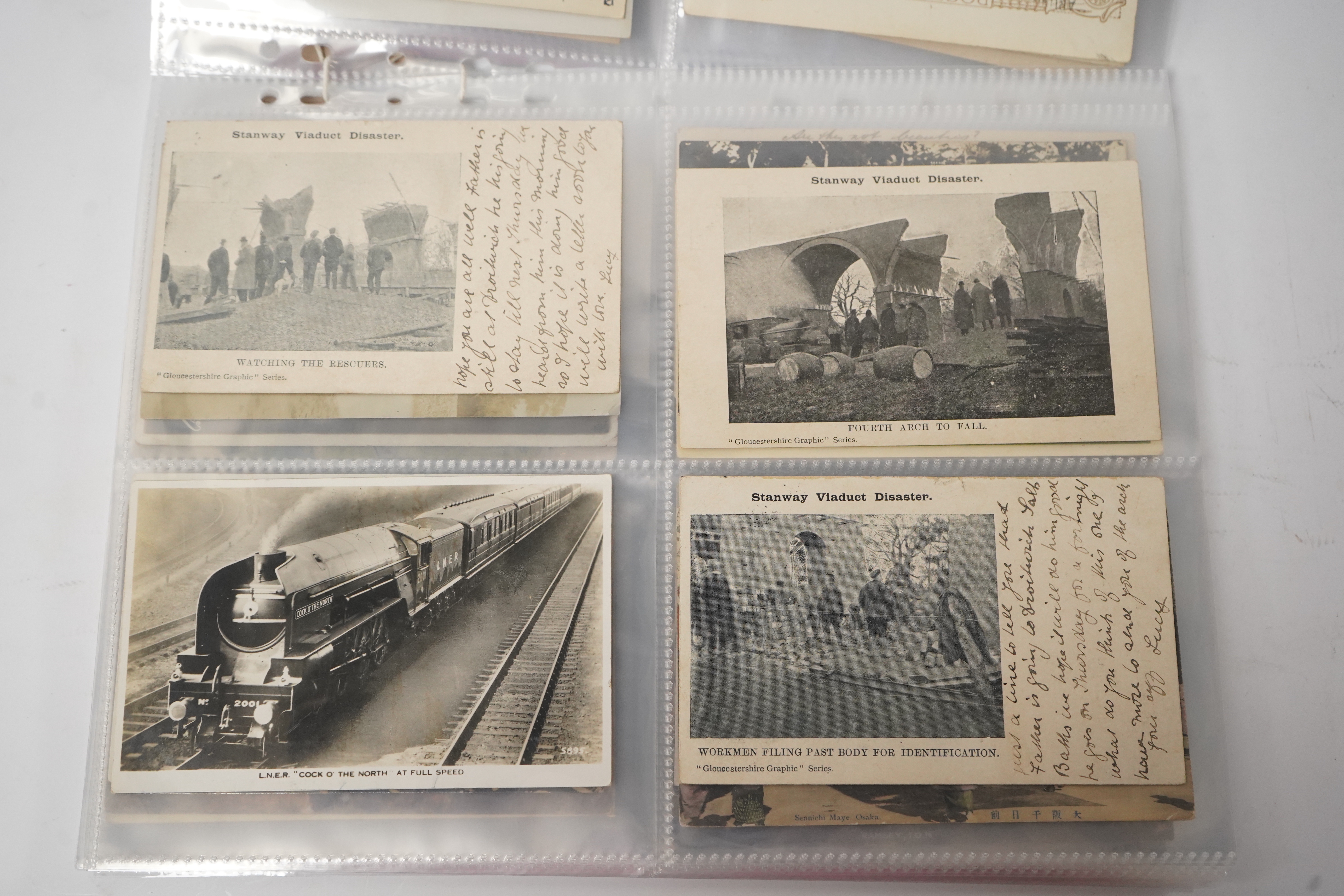 A group of eighty eight assorted vintage postcards, including American topography, rail accidents and motoring.